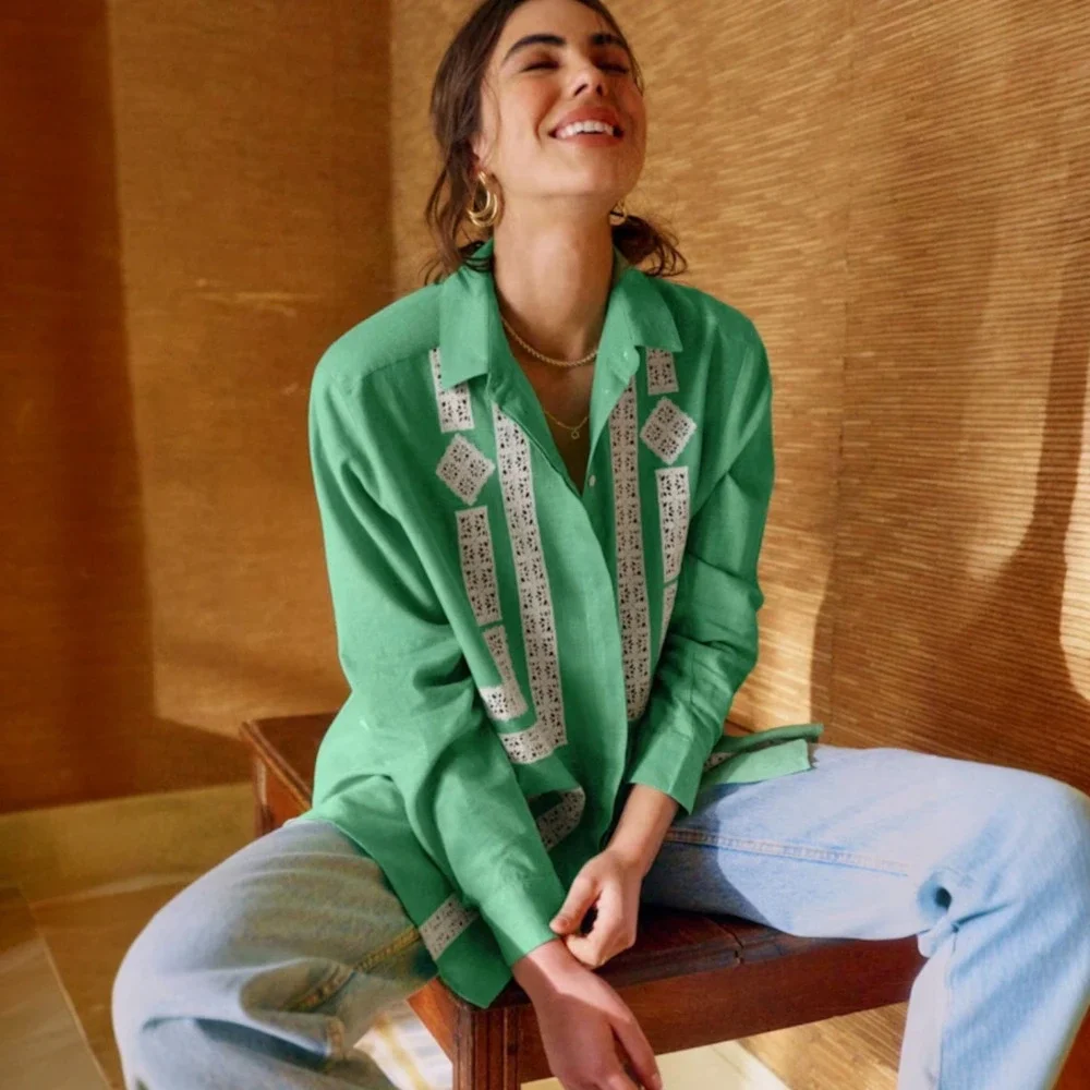 Sézane X Lucia Vergara Green Linen Embroidered Cottagecore Blouse Avant Garde - Picture 1 of 13